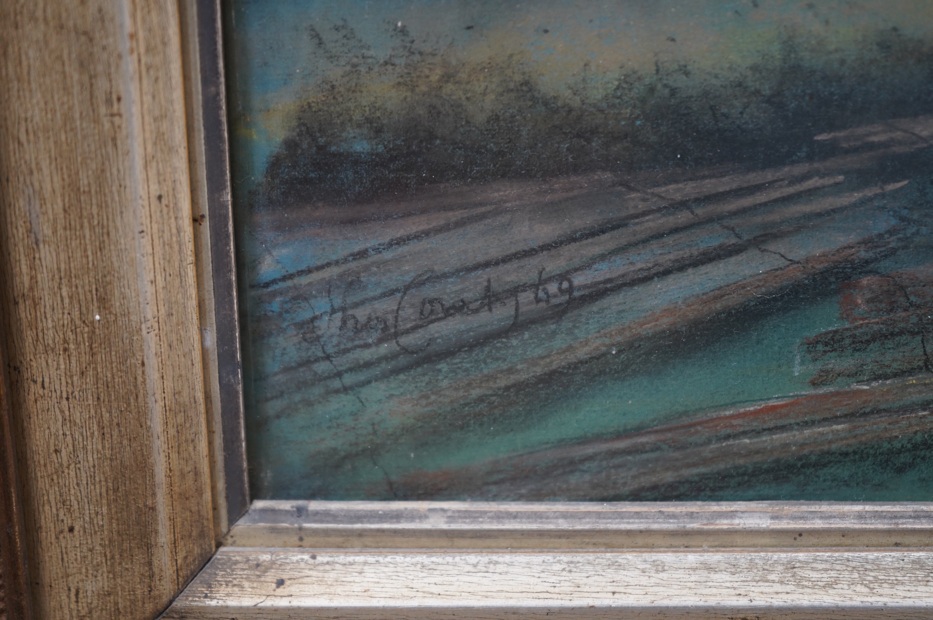 19th century, English school, pastel, extensive Maidstone riverscape, indistinctly signed, Thos Col..? and dated ‘49, ornate gilt framed, 69 x 124cm. Condition- fair to good